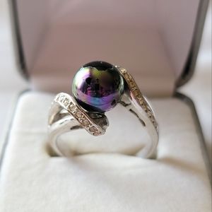 Faux Black Pearl Ring Silver Tone